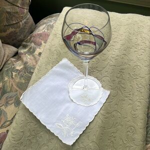 Set of 5 White Linen Embroidered Cocktail Napkins & 6 Wine Glass Coasters